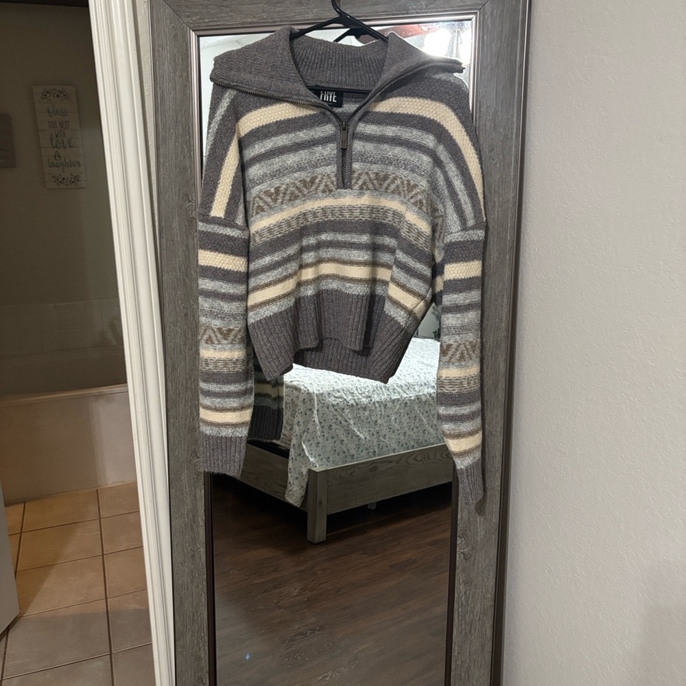 Frye Gray and Cream Striped FairIsle Half Zip Sweater